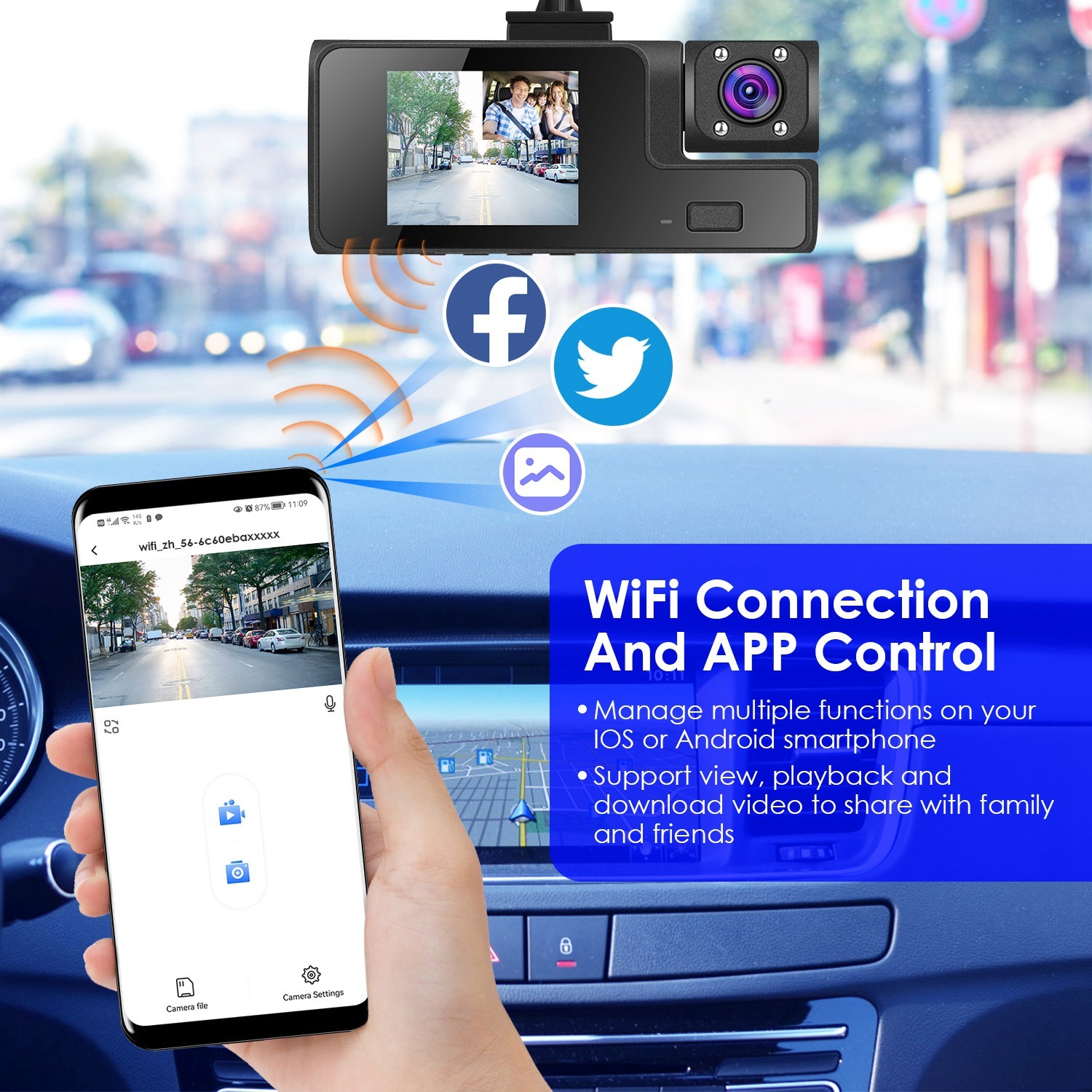 1Pc WiFi FHD 1080P Car Dash Cam 3 Channels Front Rear Inside Dash Camera With Loop Recording Reversing Visual 170 Degree Wide Angle 64G Card Included 3 1Pc WiFi FHD 1080P Car Dash Cam 3 Channels Front Rear Inside Dash Camera With Loop Recording Reversing Visual 170 Degree Wide Angle 64G Card Included - Afbeelding 3