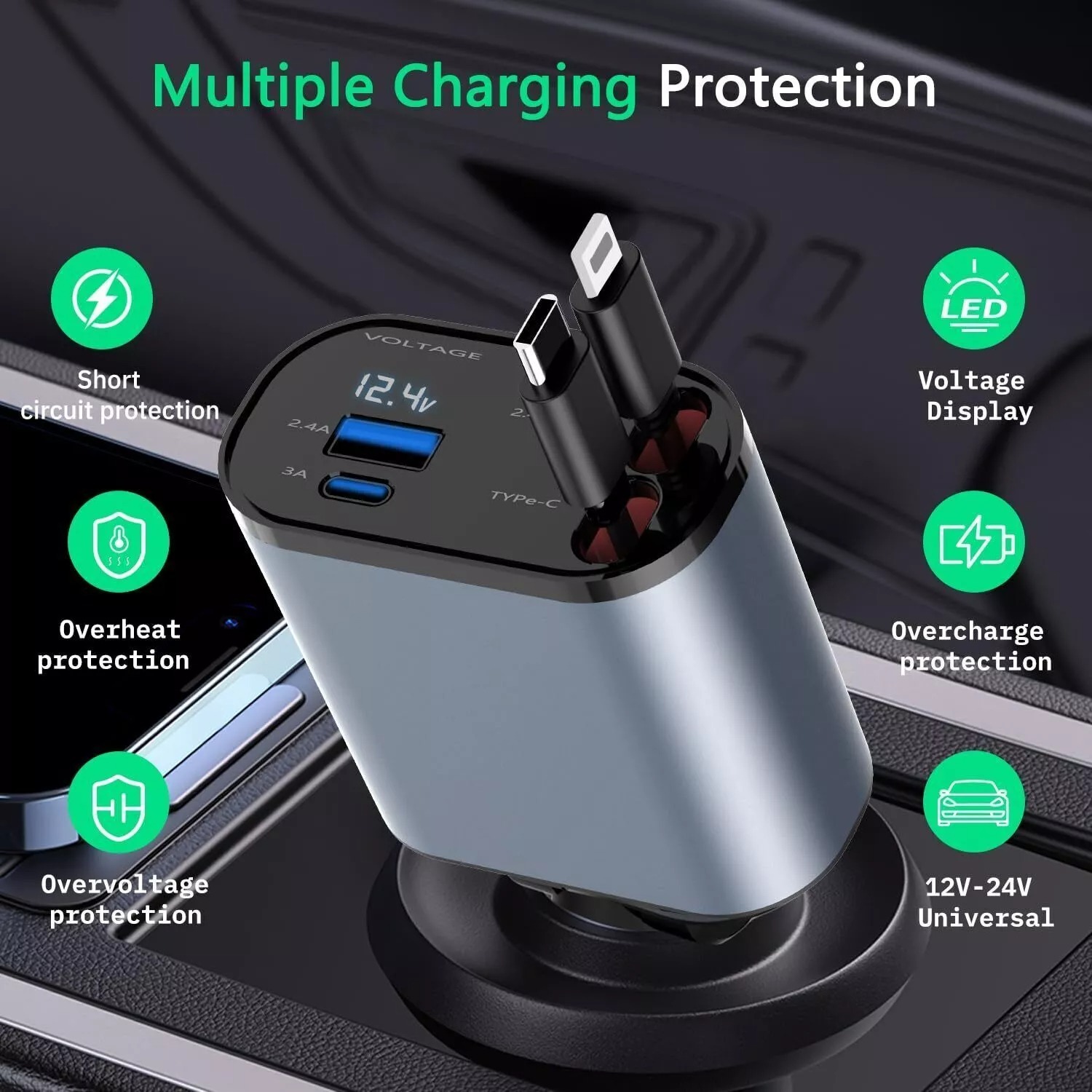 Support pan European shipping--Car USB Cigarette Lighter Fast Charger (120W 4-Port Retractable Cable) 3 Support pan European shipping--Car USB Cigarette Lighter Fast Charger (120W 4-Port Retractable Cable) - Afbeelding 3