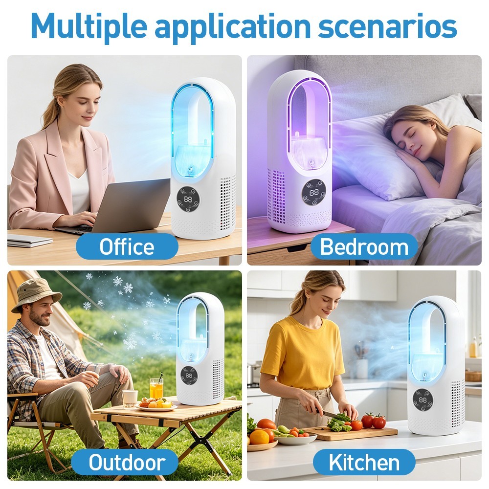 Draagbare Bladloze Luchtkoeler Ventilator, 6-Snelheden Stille Bureauventilator met Luchtbevochtiger, Timer en Gekleurde Lampjes, USB Mini Airco 6 Draagbare Bladloze Luchtkoeler Ventilator, 6-Snelheden Stille Bureauventilator met Luchtbevochtiger, Timer en Gekleurde Lampjes, USB Mini Airco - Afbeelding 6