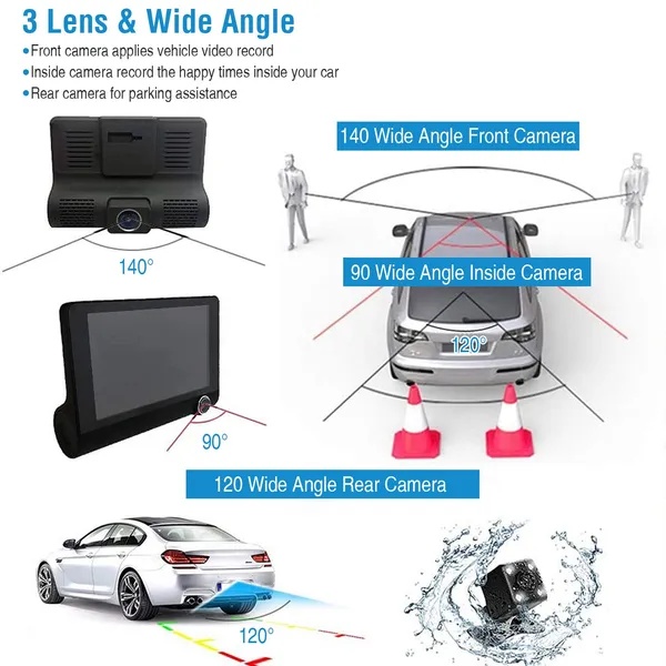 1296P Car DVR Dash Camera 4In 3 Lens Vehicle Driving Recorder Seamless Recording 3 1296P Car DVR Dash Camera 4In 3 Lens Vehicle Driving Recorder Seamless Recording - Afbeelding 3