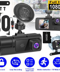 1Pc WiFi FHD 1080P Car Dash Cam 3 Channels Front Rear Inside Dash Camera With Loop Recording Reversing Visual 170 Degree Wide Angle 64G Card Included