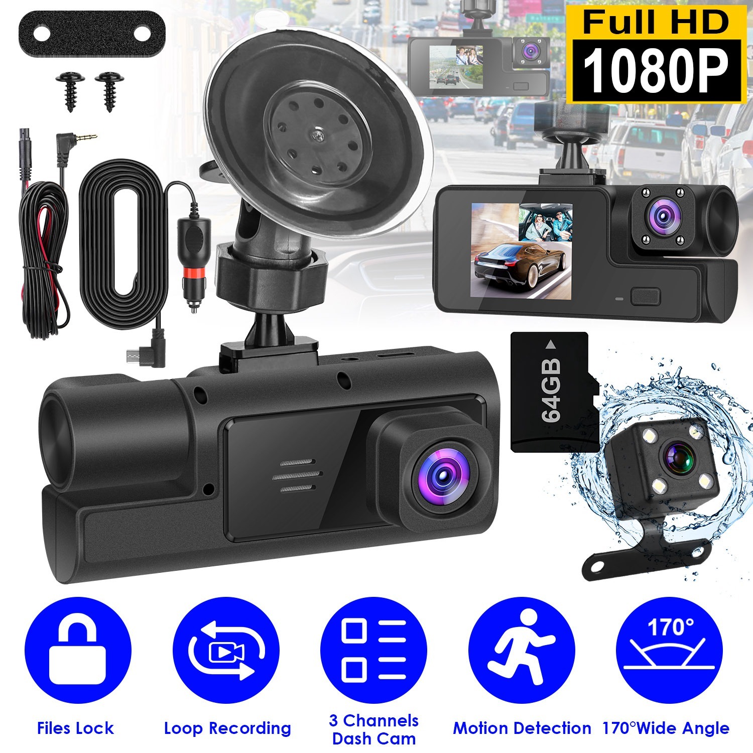 1Pc WiFi FHD 1080P Car Dash Cam 3 Channels Front Rear Inside Dash Camera With Loop Recording Reversing Visual 170 Degree Wide Angle 64G Card Included 1 1Pc WiFi FHD 1080P Car Dash Cam 3 Channels Front Rear Inside Dash Camera With Loop Recording Reversing Visual 170 Degree Wide Angle 64G Card Included
