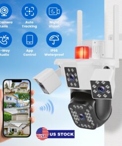 1080P HD 4-Lens Security Camera 360 Degree View WiFi Pan & Tilt Surveillance Camera With Full Color Night Vision Auto Motion Tracking 2-Way Audio Spotlights IP66 Waterproof Max 128G Not Included