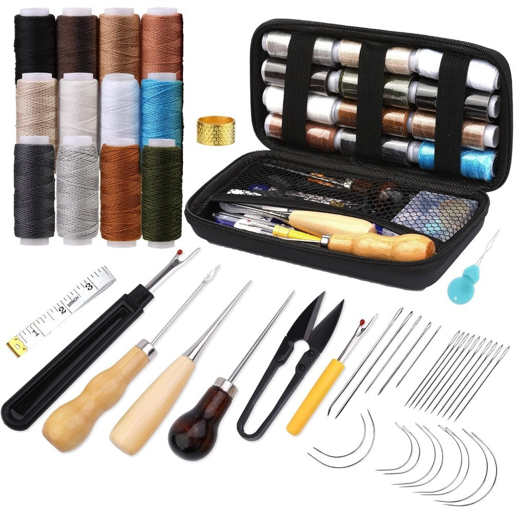Leren Naaiset - Complete Set met 25 Naalden, Gereedschap en een Etui voor Reparaties en Knutselwerk 3 Leren Naaiset - Complete Set met 25 Naalden, Gereedschap en een Etui voor Reparaties en Knutselwerk - Afbeelding 3