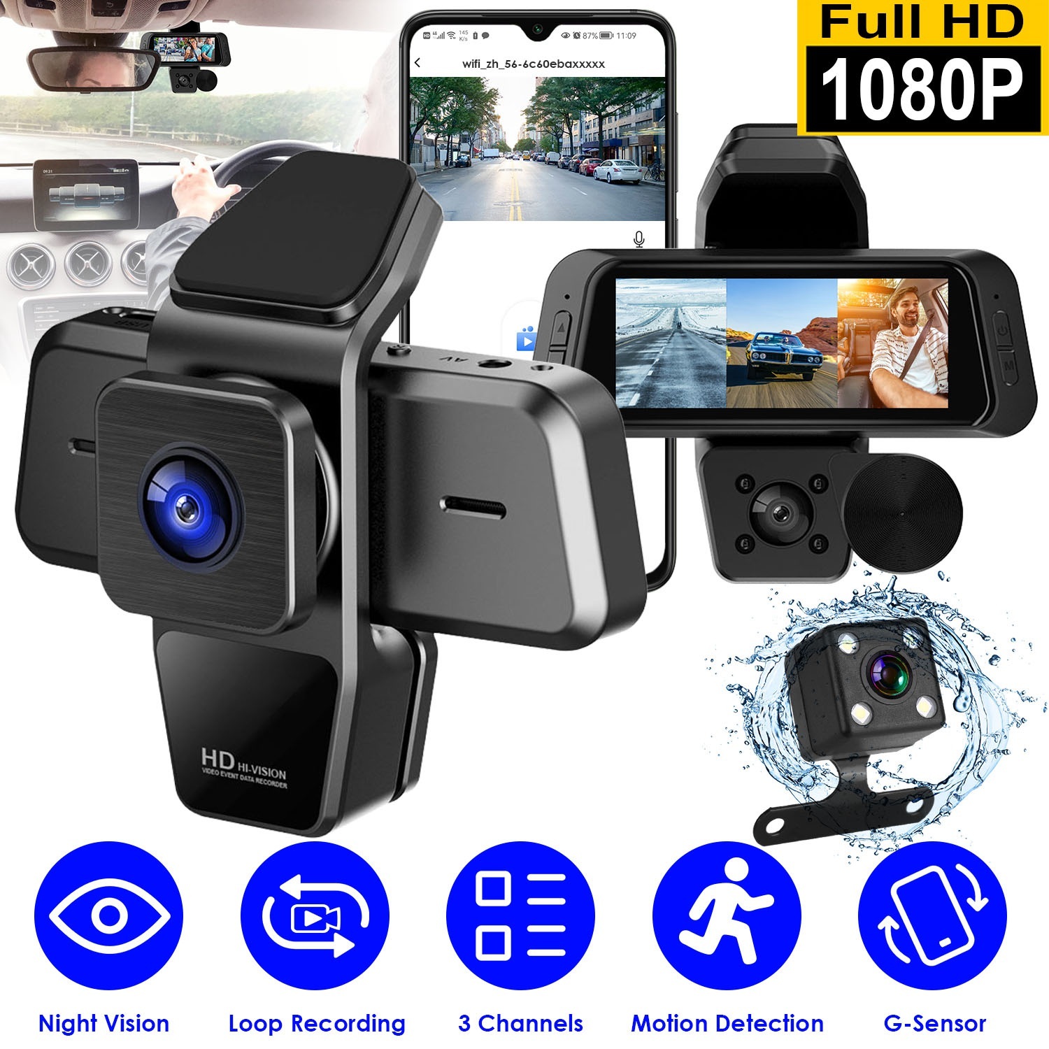 1080P FHD 3 Channel WiFi Dash Cam 170 Degree Wide Angle Triple Car Camera With IR Night G Sensor Motion Detection Loop Recording App Control Support 128G Max 1 1080P FHD 3 Channel WiFi Dash Cam 170 Degree Wide Angle Triple Car Camera With IR Night G Sensor Motion Detection Loop Recording App Control Support 128G Max