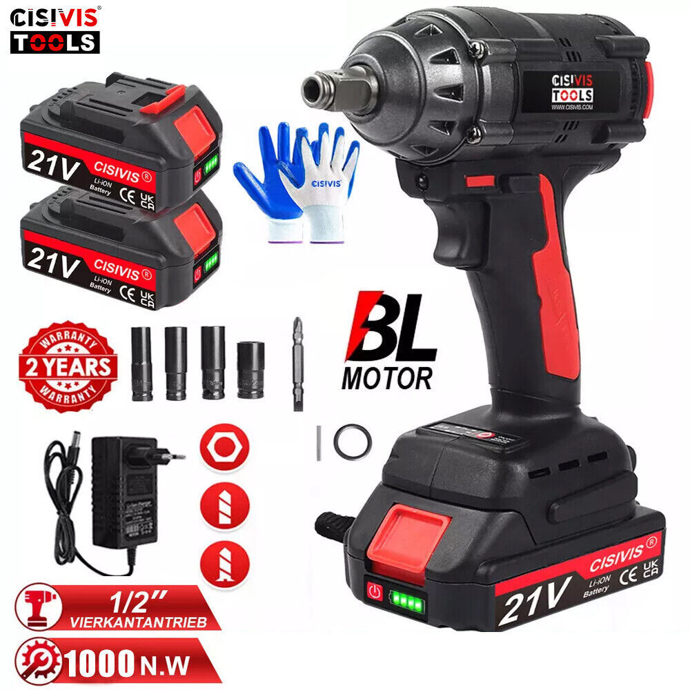 21V Snoerloze Borstelloze Slagmoersleutel 1000Nm Hoog Koppel met 2x 3000mAh Accu's en Doppen 1 21V Snoerloze Borstelloze Slagmoersleutel 1000Nm Hoog Koppel met 2x 3000mAh Accu's en Doppen
