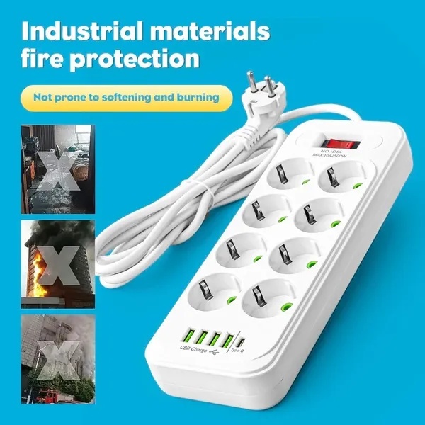 EU Stekkerdoos 8-Voudig met 4 USB-Poorten, Type-C, Overspanningsbeveiliging met Schakelaar en 2m Snoer 3 EU Stekkerdoos 8-Voudig met 4 USB-Poorten, Type-C, Overspanningsbeveiliging met Schakelaar en 2m Snoer - afbeelding 3
