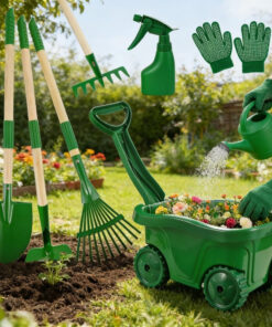 7-Delige Groene Tuingereedschapset met Kruiwagen, Praktische Tuinhark en Schop Inclusief Transportkruiwagen