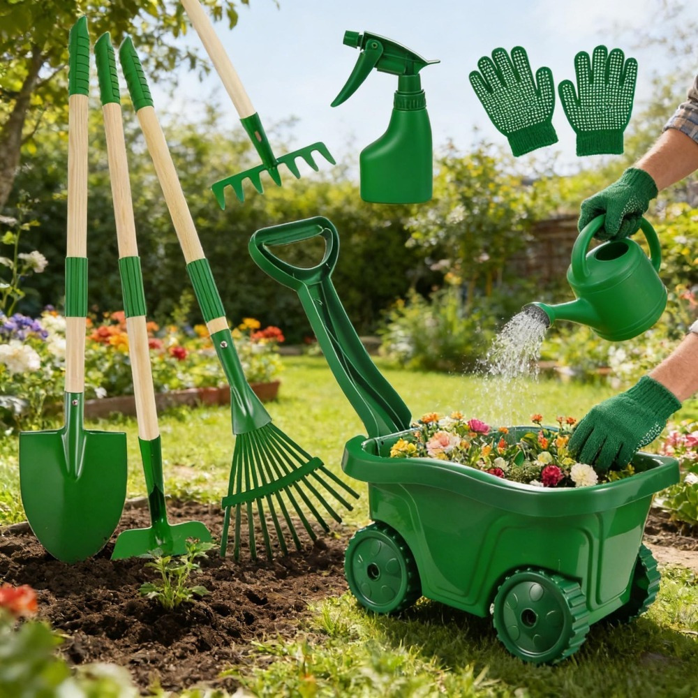 7-Delige Groene Tuingereedschapset met Kruiwagen, Praktische Tuinhark en Schop Inclusief Transportkruiwagen 1 7-Delige Groene Tuingereedschapset met Kruiwagen, Praktische Tuinhark en Schop Inclusief Transportkruiwagen