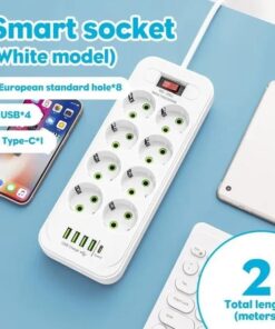 EU Stekkerdoos 8-Voudig met 4 USB-Poorten, Type-C, Overspanningsbeveiliging met Schakelaar en 2m Snoer