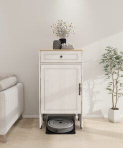 Home 51 Robotstofzuiger Standaardkast met Wielen, Robotstofzuiger Opbergrek met Deuren en Laden, Bijzettafel voor Woonkamer, Thuiskantoor, Keuken - Antiek Wit