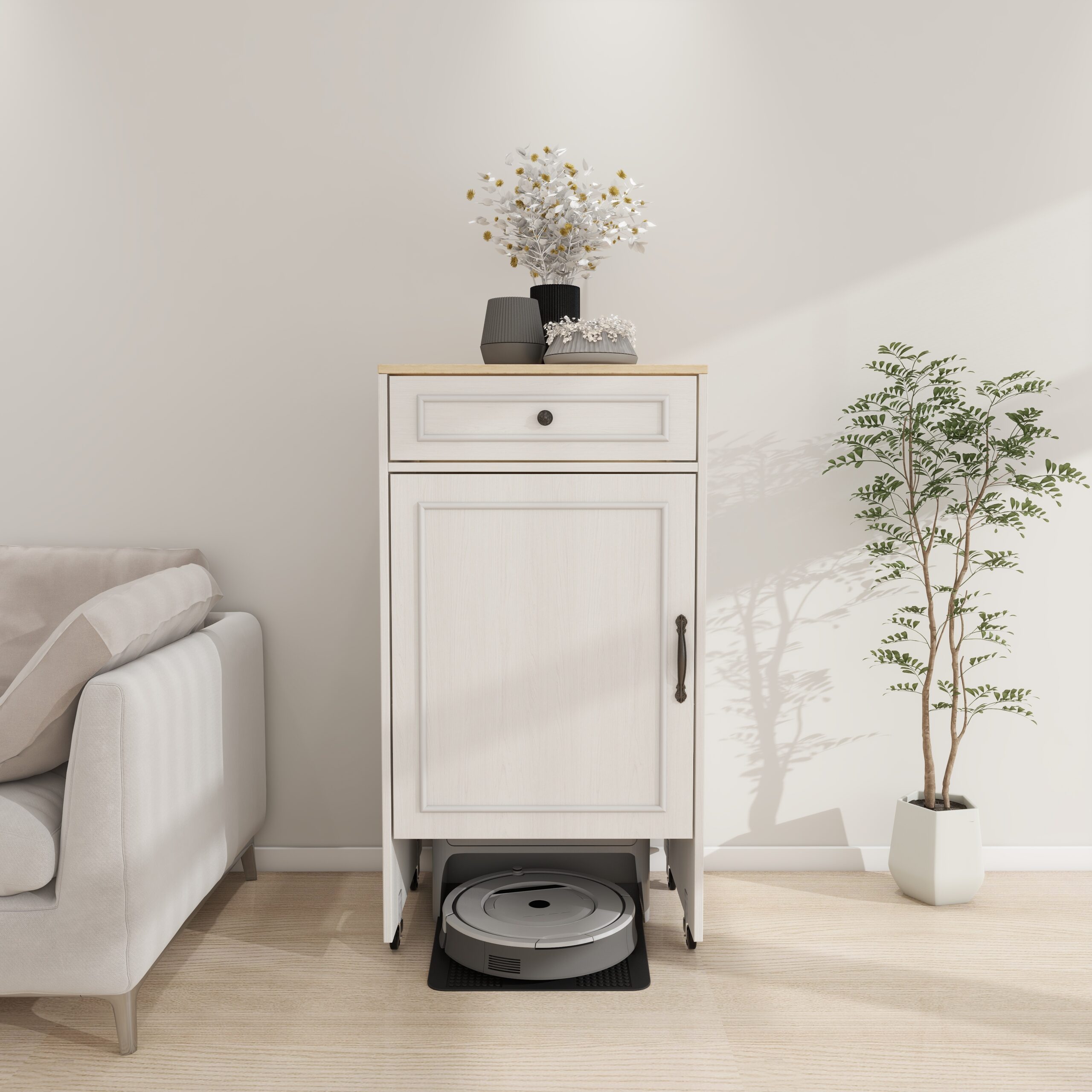 Robotstofzuiger Standaardkast met Wielen, Robotstofzuiger Opbergrek met Deuren en Laden, Bijzettafel voor Woonkamer, Thuiskantoor, Keuken - Antiek Wit 1 Robotstofzuiger Standaardkast met Wielen, Robotstofzuiger Opbergrek met Deuren en Laden, Bijzettafel voor Woonkamer, Thuiskantoor, Keuken - Antiek Wit