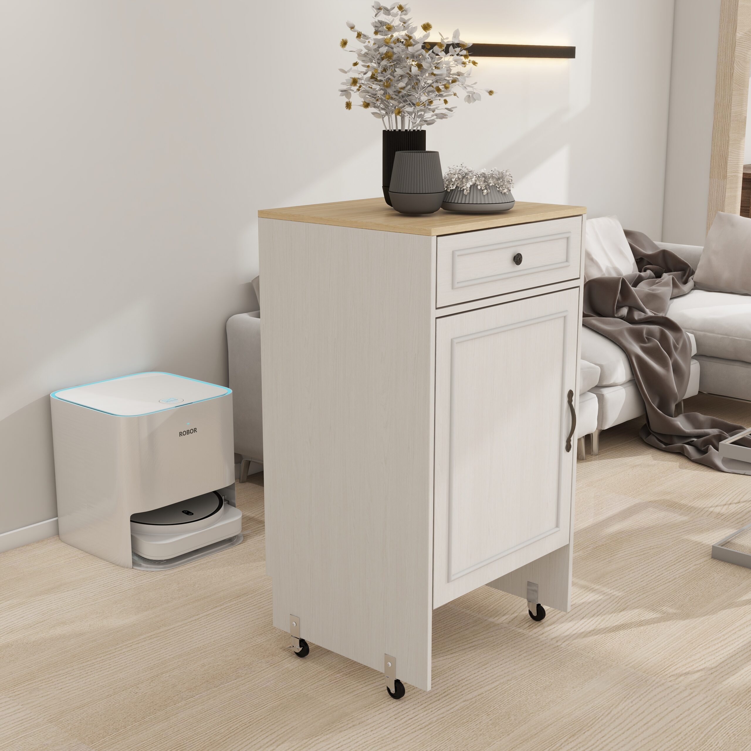 Robotstofzuiger Standaardkast met Wielen, Robotstofzuiger Opbergrek met Deuren en Laden, Bijzettafel voor Woonkamer, Thuiskantoor, Keuken - Antiek Wit 2 Robotstofzuiger Standaardkast met Wielen, Robotstofzuiger Opbergrek met Deuren en Laden, Bijzettafel voor Woonkamer, Thuiskantoor, Keuken - Antiek Wit - afbeelding 2