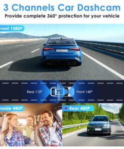 Alternative view of 3 Channel Dash Cam For Cars, 1080P Full HD Front Camera (140° Wide View) With 480P Interior & Rear Cameras, 360° Vehicle Protection, Picture-in-Picture Display For Collision Evidence