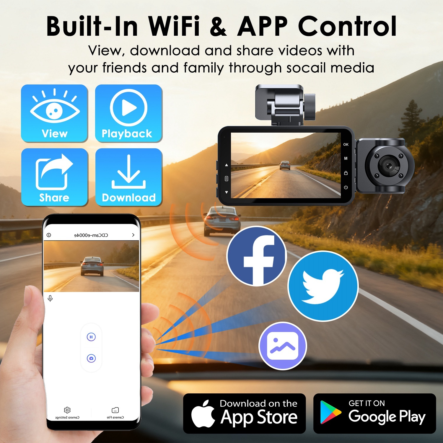 WiFi FHD 1080P 3 Channel Car Dash Cam Front Rear Inside With 32G MMC Card Motion Detection Loop Recording Infrared Night Vision Surveillance Car Camera With App Control 4 WiFi FHD 1080P 3 Channel Car Dash Cam Front Rear Inside With 32G MMC Card Motion Detection Loop Recording Infrared Night Vision Surveillance Car Camera With App Control - Afbeelding 4