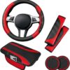 6-delige Auto-accessoireset met Stuurhoes, Zwart-Rood 7 6-delige Auto-accessoireset met Stuurhoes, Zwart-Rood
