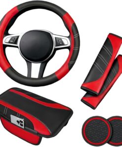 6-delige Auto-accessoireset met Stuurhoes, Zwart-Rood