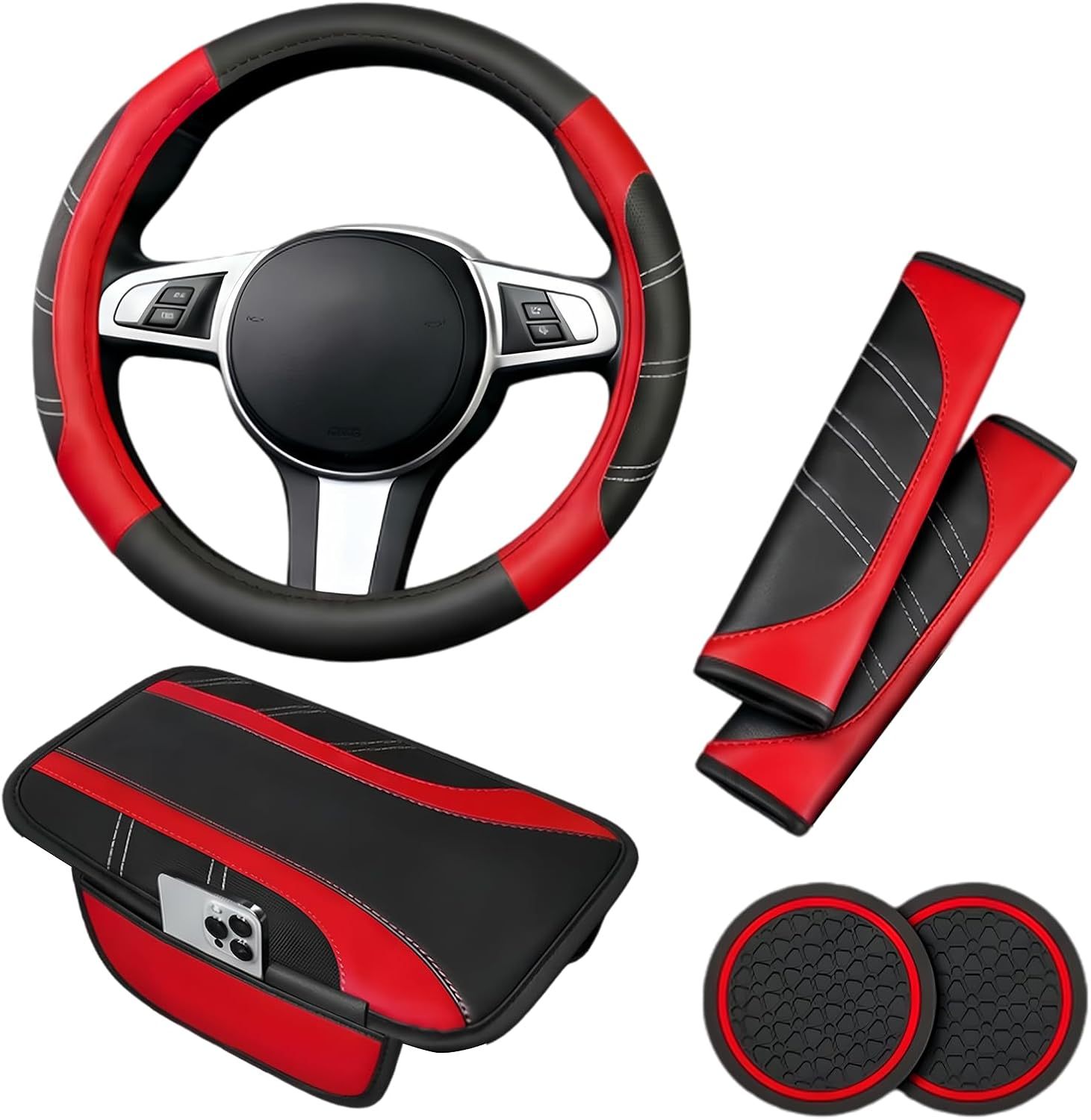 6-delige Auto-accessoireset met Stuurhoes, Zwart-Rood 1 6-delige Auto-accessoireset met Stuurhoes, Zwart-Rood