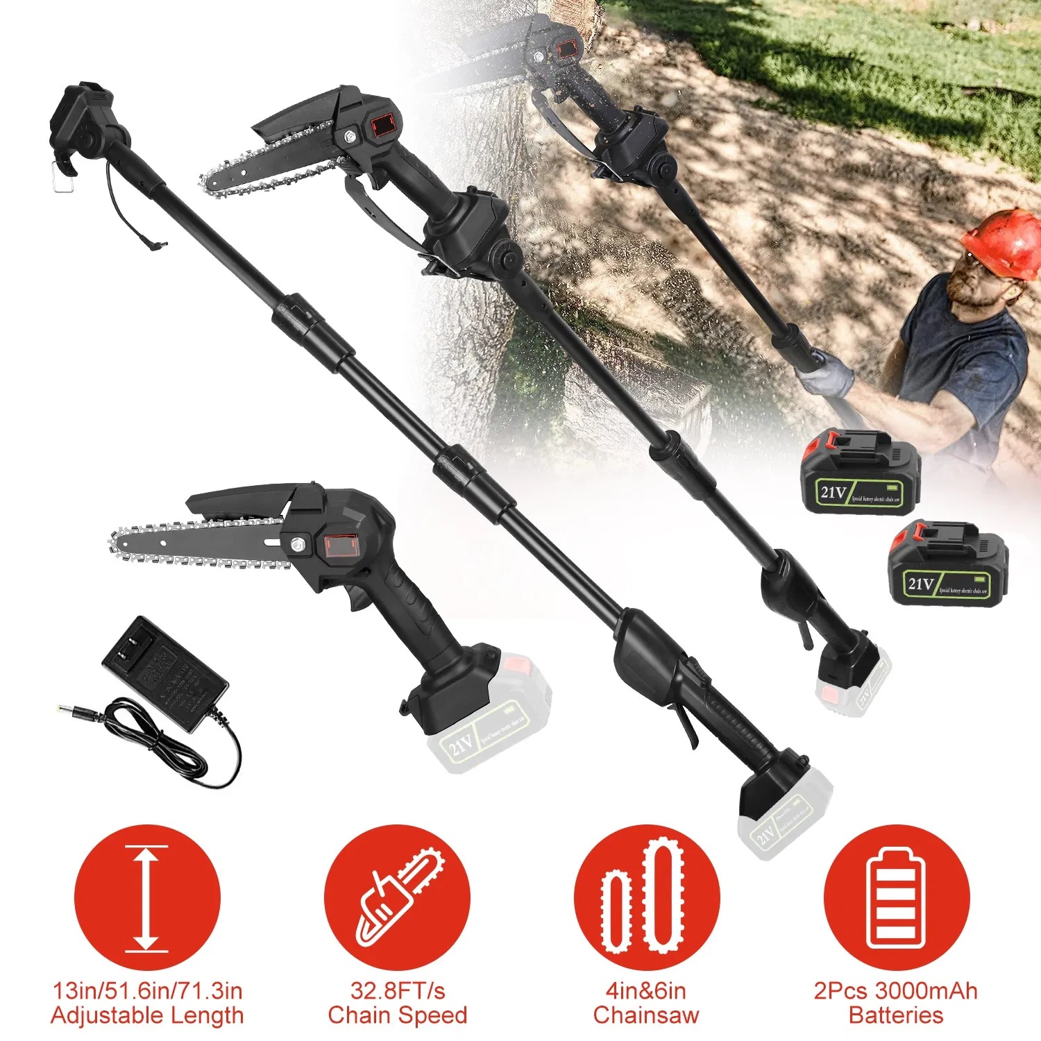 Accu Mini Kettingzaag 15 cm met Telescoopsteel, 2 Accu's 1 Accu Mini Kettingzaag 15 cm met Telescoopsteel, 2 Accu's