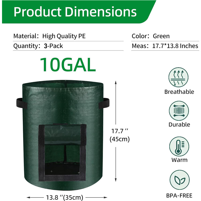 10 Gallon -6 Pack Potato Grow Bags, Heavy Duty PE Fabric Pots With Flap And Handles, Green Planter Bags For Potato Vegetables Outdoor Garden, For All Plants Growing 8 10 Gallon -6 Pack Potato Grow Bags, Heavy Duty PE Fabric Pots With Flap And Handles, Green Planter Bags For Potato Vegetables Outdoor Garden, For All Plants Growing - Afbeelding 8