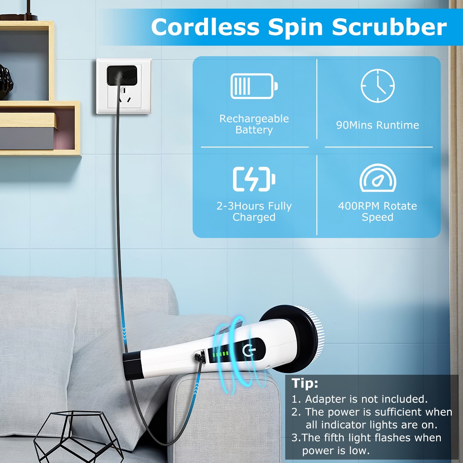 1Pc Electric Spin Scrubber Cordless Rechargeable Telescopic Cleaning Brush 8 Replaceable Heads 2 Speed Adjustable Extension Arm Bathroom Tub Tile Floor 6 1Pc Electric Spin Scrubber Cordless Rechargeable Telescopic Cleaning Brush 8 Replaceable Heads 2 Speed Adjustable Extension Arm Bathroom Tub Tile Floor - Afbeelding 6