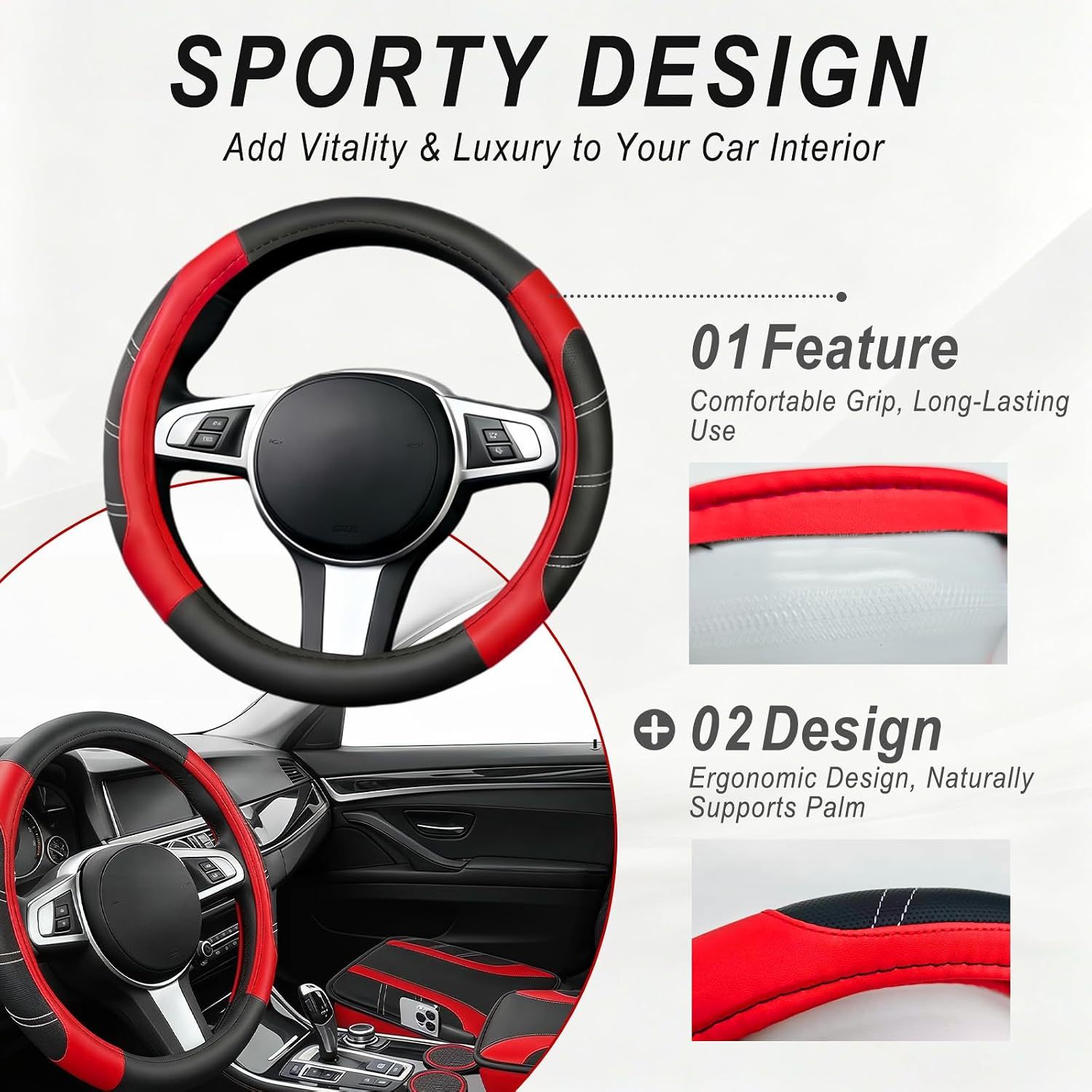 6-delige Auto-accessoireset met Stuurhoes, Zwart-Rood 5 6-delige Auto-accessoireset met Stuurhoes, Zwart-Rood - Afbeelding 5