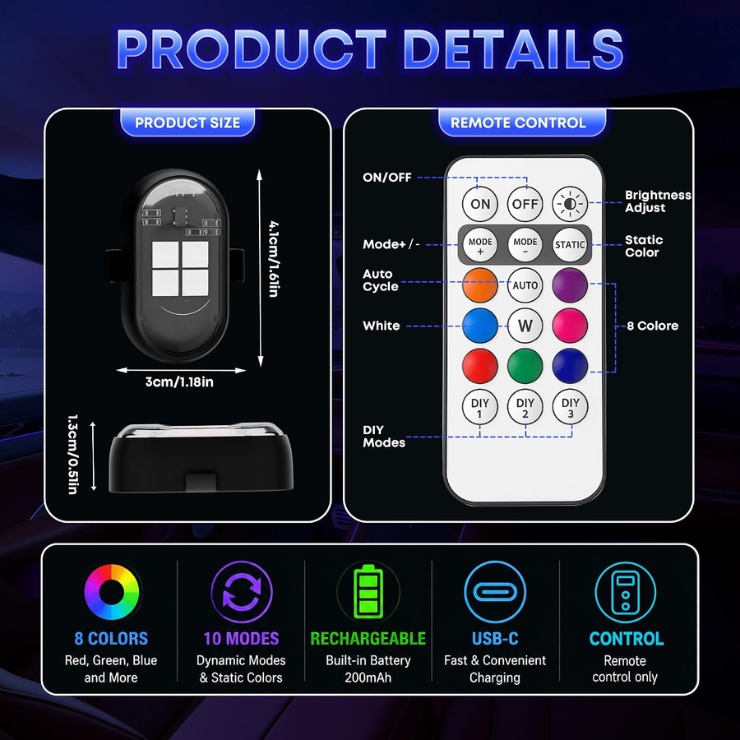 Draadloze Oplaadbare LED Interieurverlichting voor Auto 2 Draadloze Oplaadbare LED Interieurverlichting voor Auto - Afbeelding 2