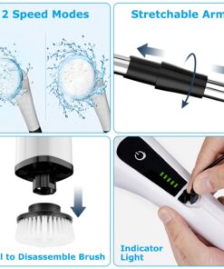 Alternative view of 1Pc Electric Spin Scrubber Cordless Rechargeable Telescopic Cleaning Brush 8 Replaceable Heads 2 Speed Adjustable Extension Arm Bathroom Tub Tile Floor