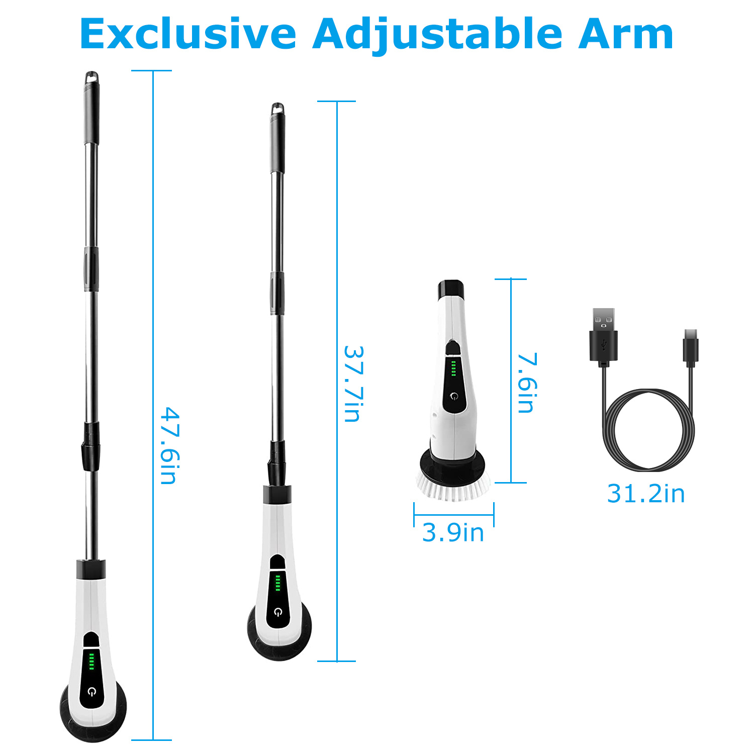 1Pc Electric Spin Scrubber Cordless Rechargeable Telescopic Cleaning Brush 8 Replaceable Heads 2 Speed Adjustable Extension Arm Bathroom Tub Tile Floor 7 1Pc Electric Spin Scrubber Cordless Rechargeable Telescopic Cleaning Brush 8 Replaceable Heads 2 Speed Adjustable Extension Arm Bathroom Tub Tile Floor - Afbeelding 7